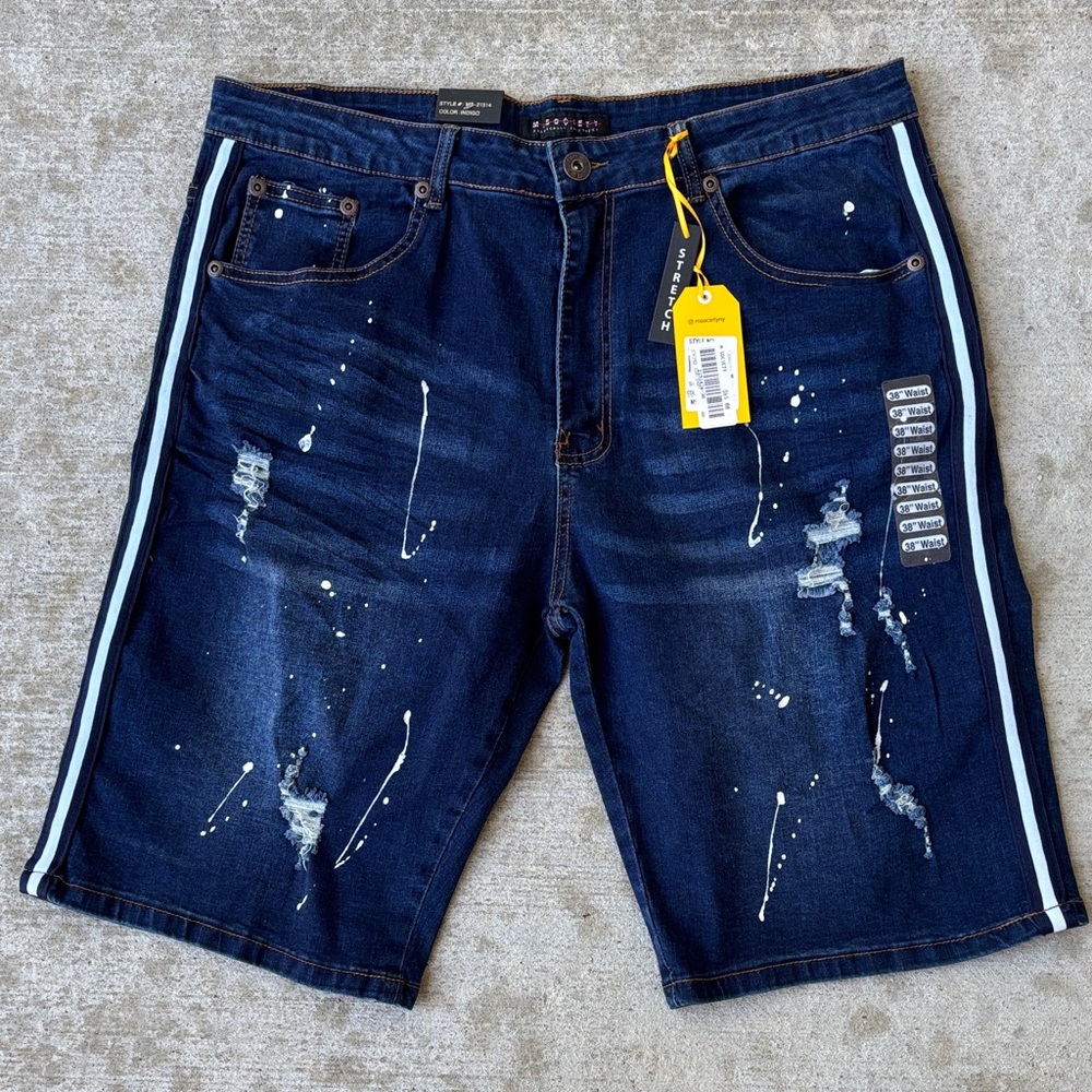 M Society Distressed RIP Indigo Paint Splatter Jeans Shorts